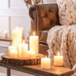Kerzen, Sofa und Kuscheldecke als Zeichen für Geborgenheit