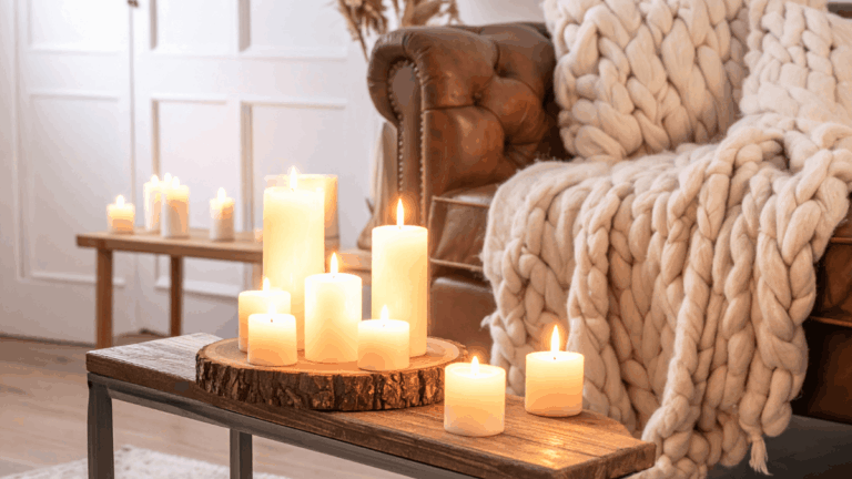 Kerzen, Sofa und Kuscheldecke als Zeichen für Geborgenheit