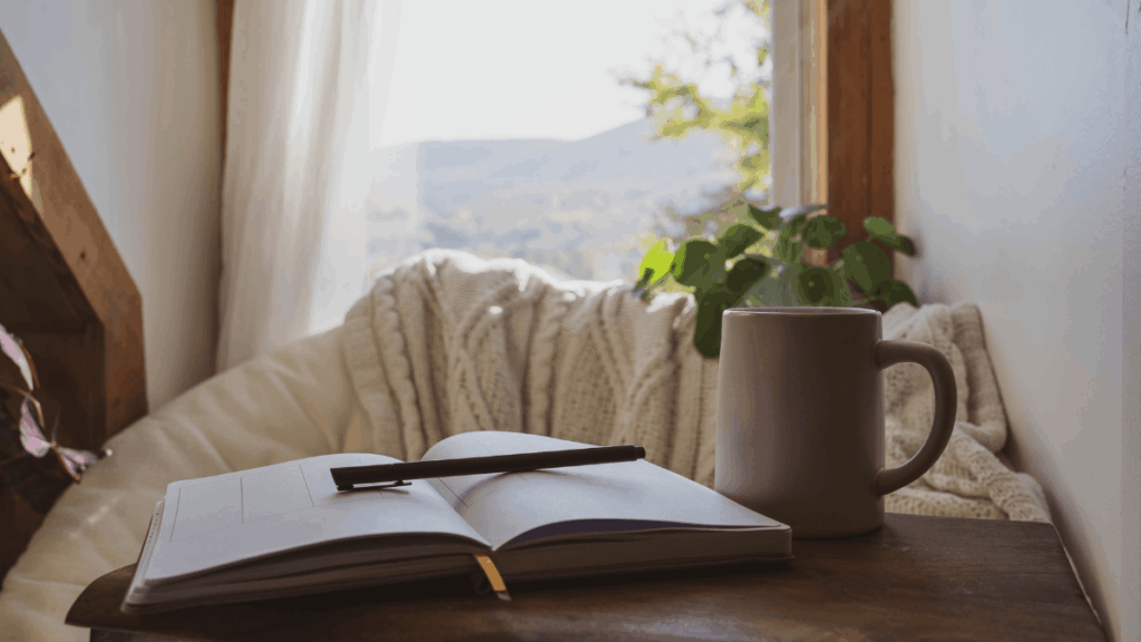 Fenster, Kuscheldecke und Notizbuch für Journaling-Fragen